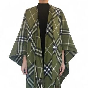Plaid Green Poncho with Fringe
